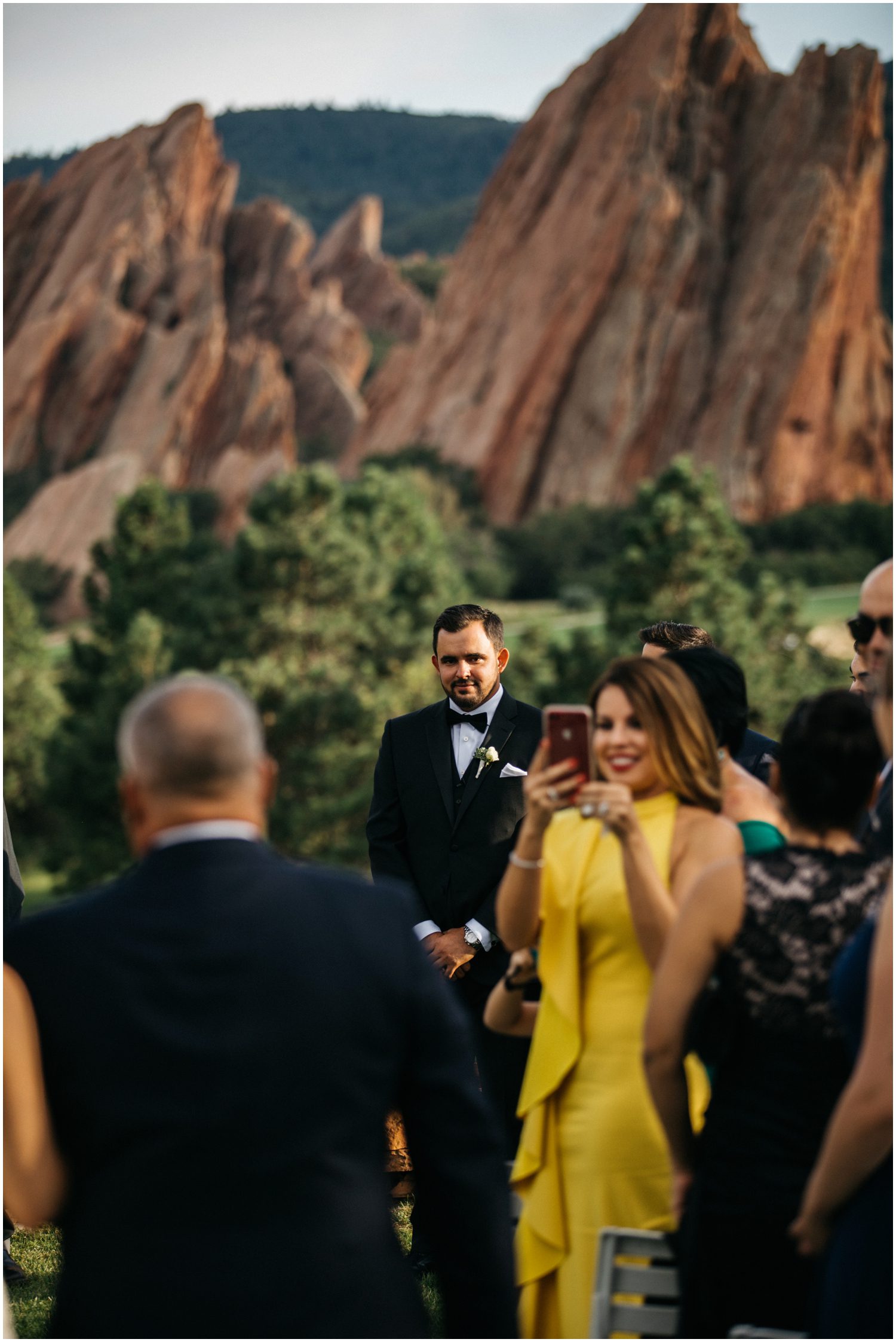 First look during the ceremony, Grooms reaction to bride coming down the aisle, Arrowhead Golf Club Wedding Photos, Colorado Wedding Photographer