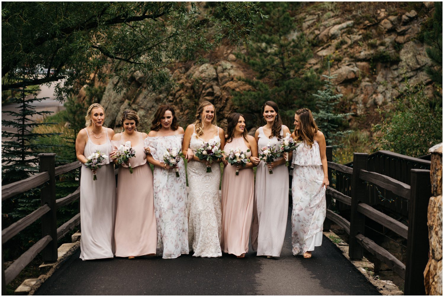 Bridesmaids Dresses, Mismatched Bridesmaids Dresses, The Barn at Evergreen Memorial Park, Colorado Wedding Photographer