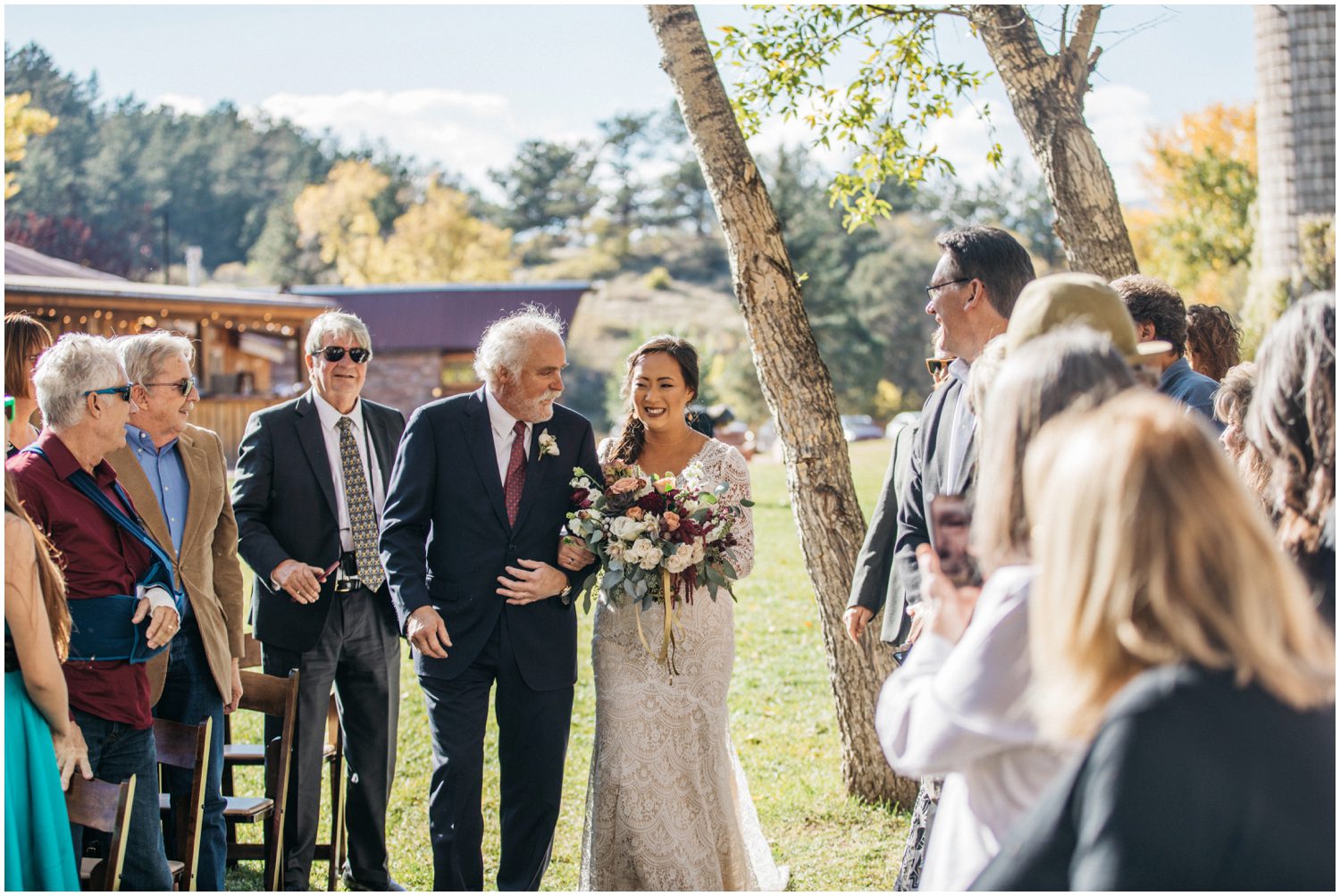 Father walking bride down the aisle, bride and father, Father giving away the bride, First look with dad, wedding first look with dad, Planet Bluegrass Wedding, Lyons Colorado Wedding, Lace and Lillies, Colorado Wedding Photographer, A Spice of Life, Boho Wedding Inspiration, Burgundy wedding inspiration, Colorado Wedding