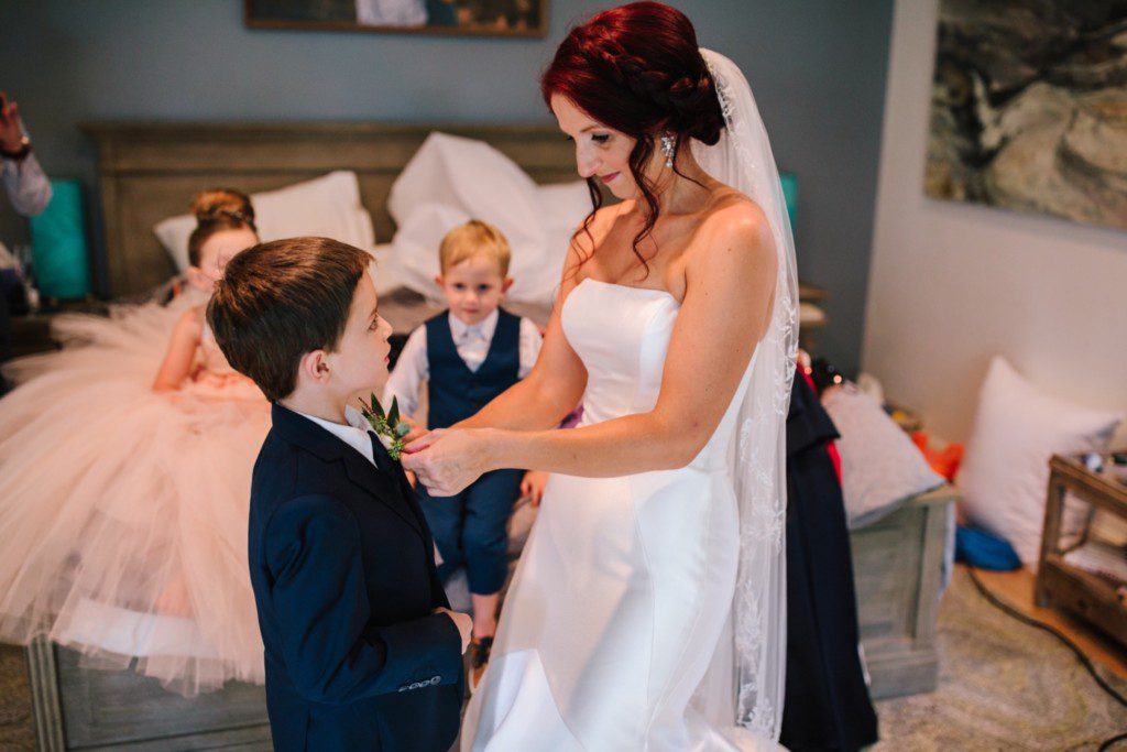 Bride getting ready with son