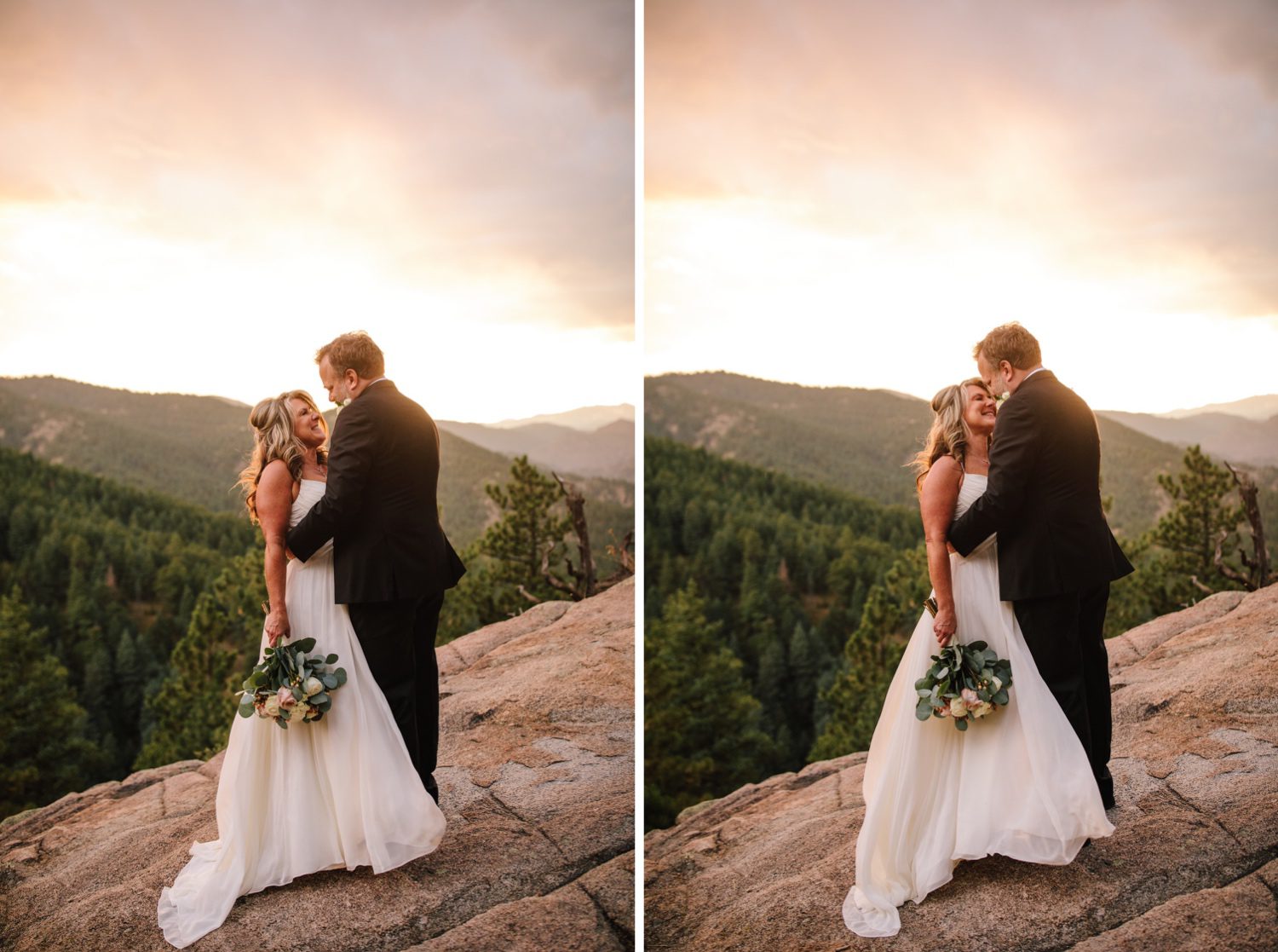 Bride and groom kissing at sunset on Colorado mountain side