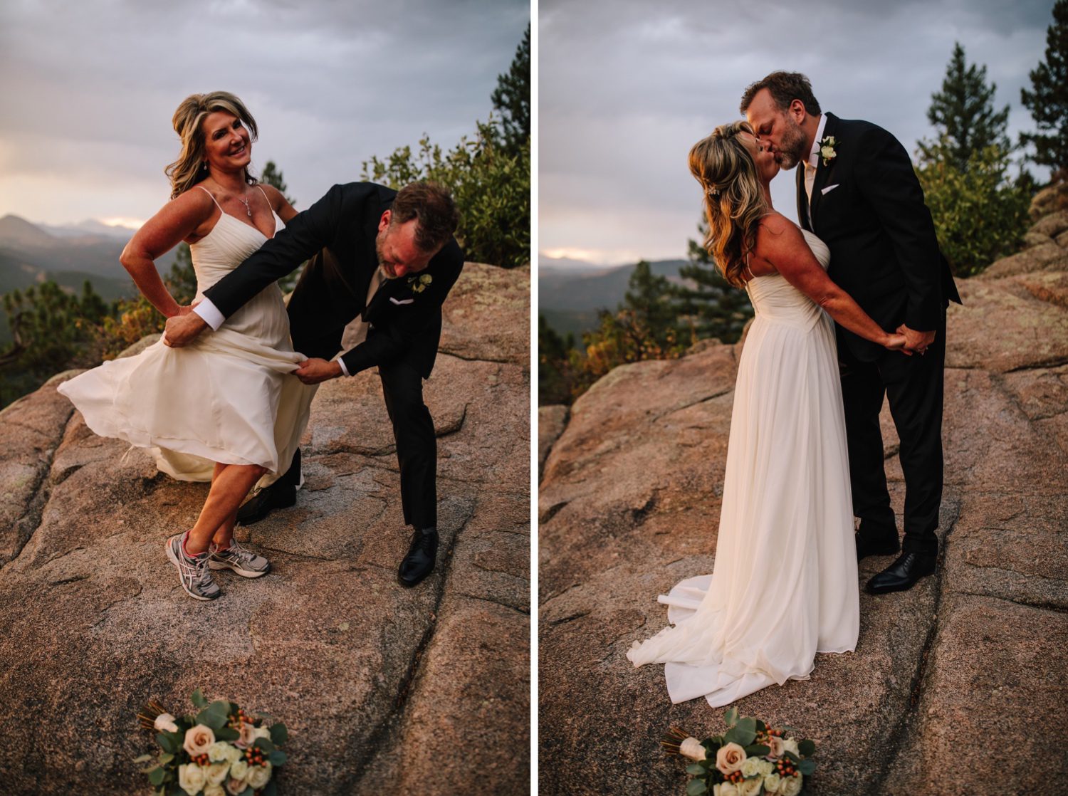 Groom showing brides sneakers after hiking for Colorado mountain elopement