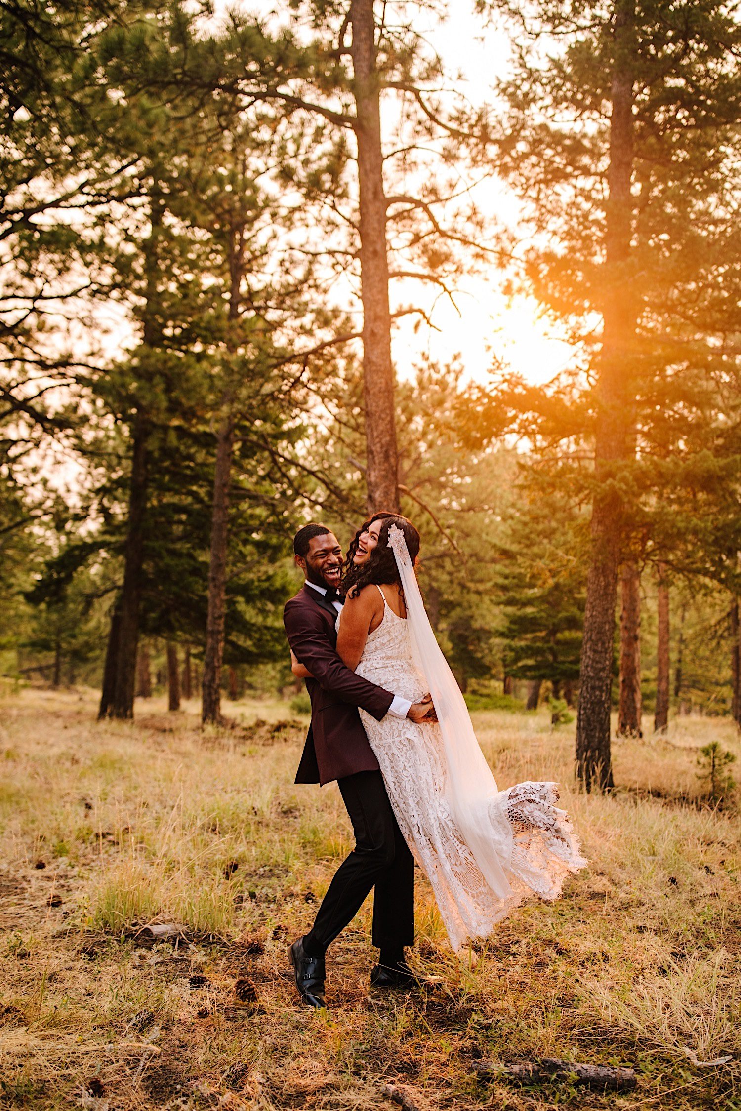 Bride and Groom portraits after sunrise elopement at Lost Gulch on Flagstaff Mountain photographed by Colorado Elopement Photographer Sharee Davenport 