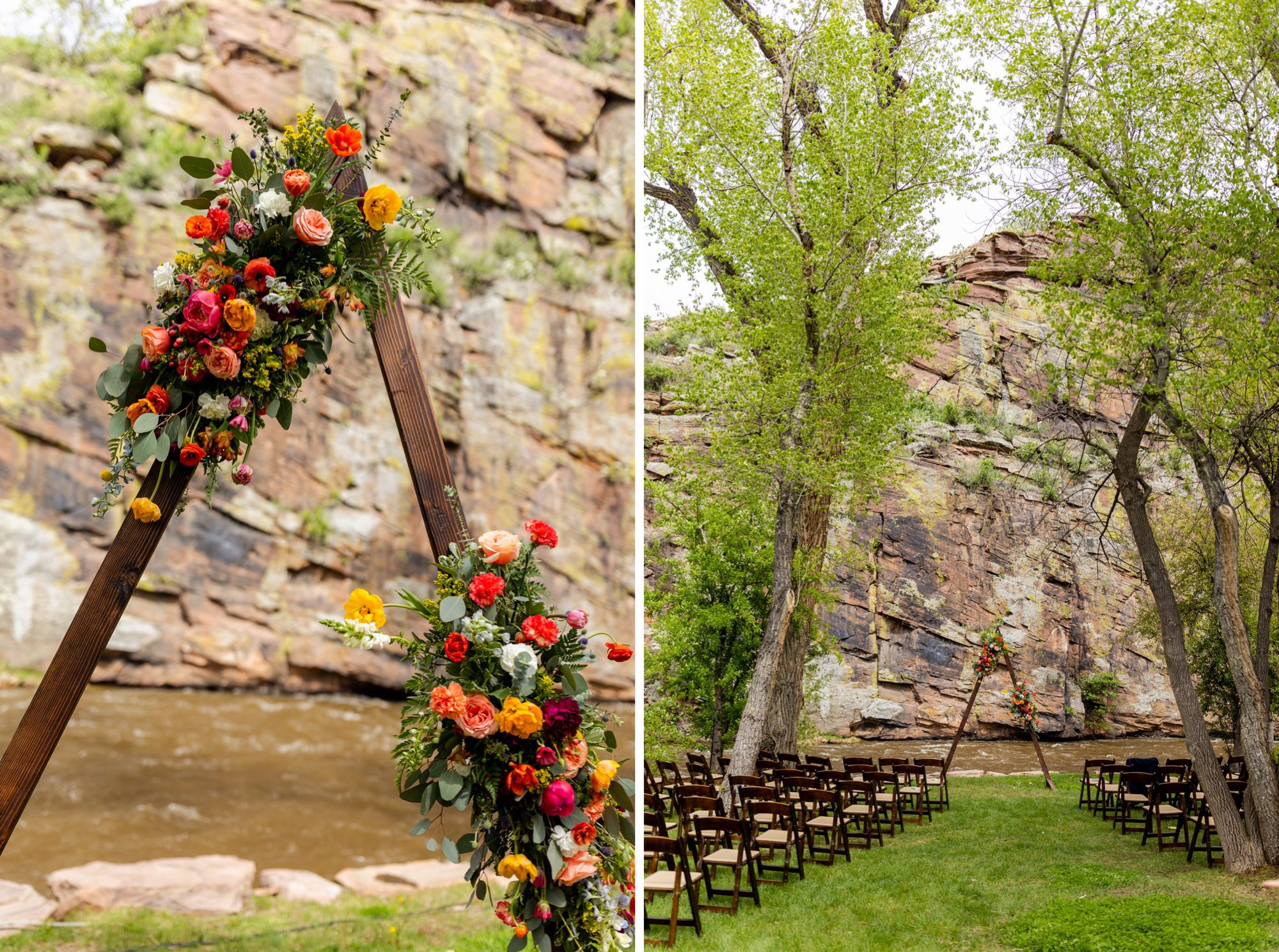 Planet Bluegrass Wedding venue in Lyons Colorado: Colorado Wedding Photographer, Wedding ceremony decor, Triangle wedding altar, Triangle arch, Floral wedding arch