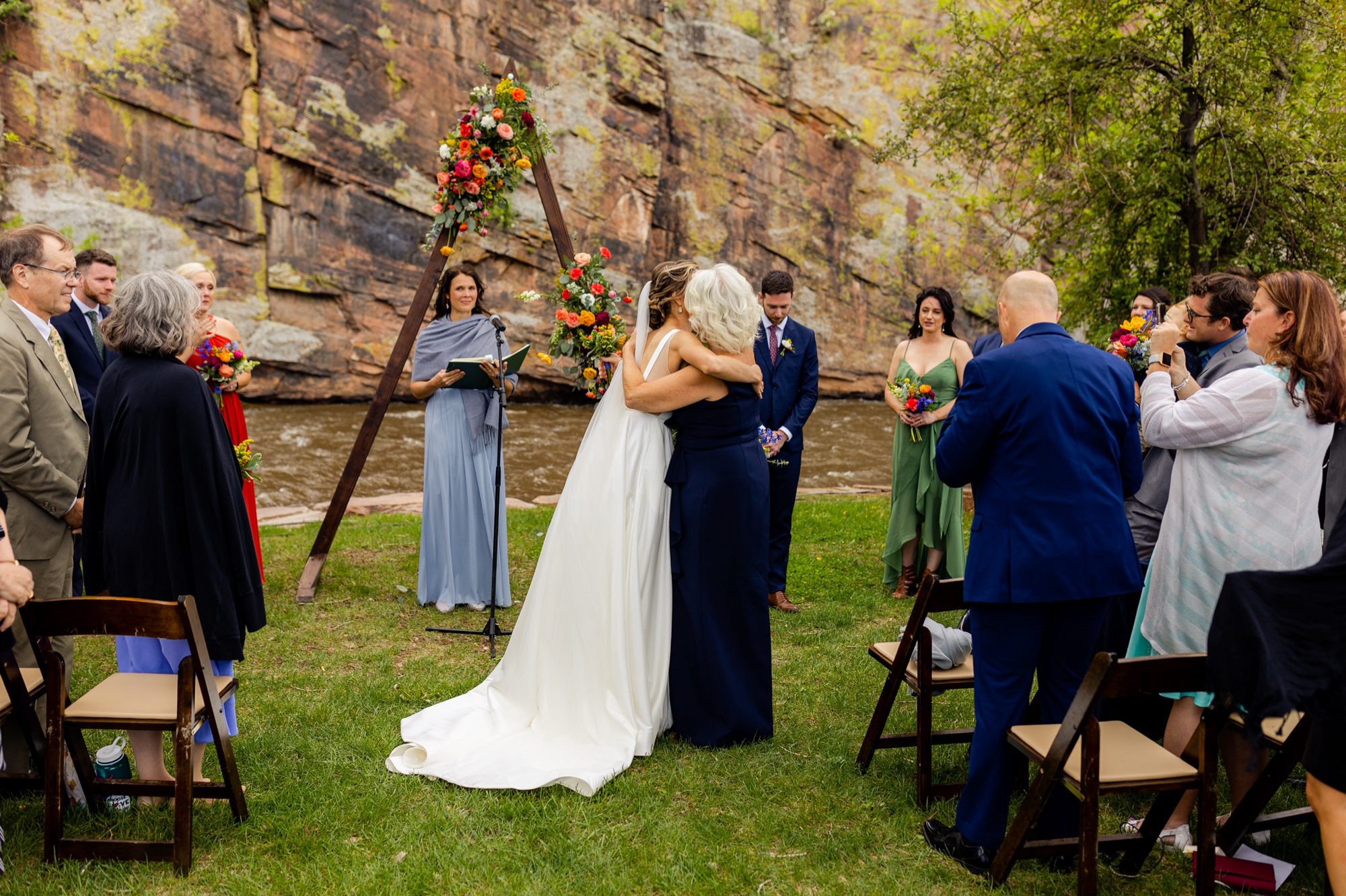 Mother walking bride down the aisle, Planet Bluegrass Wedding venue in Lyons Colorado: Colorado Wedding Photographer, Wedding ceremony