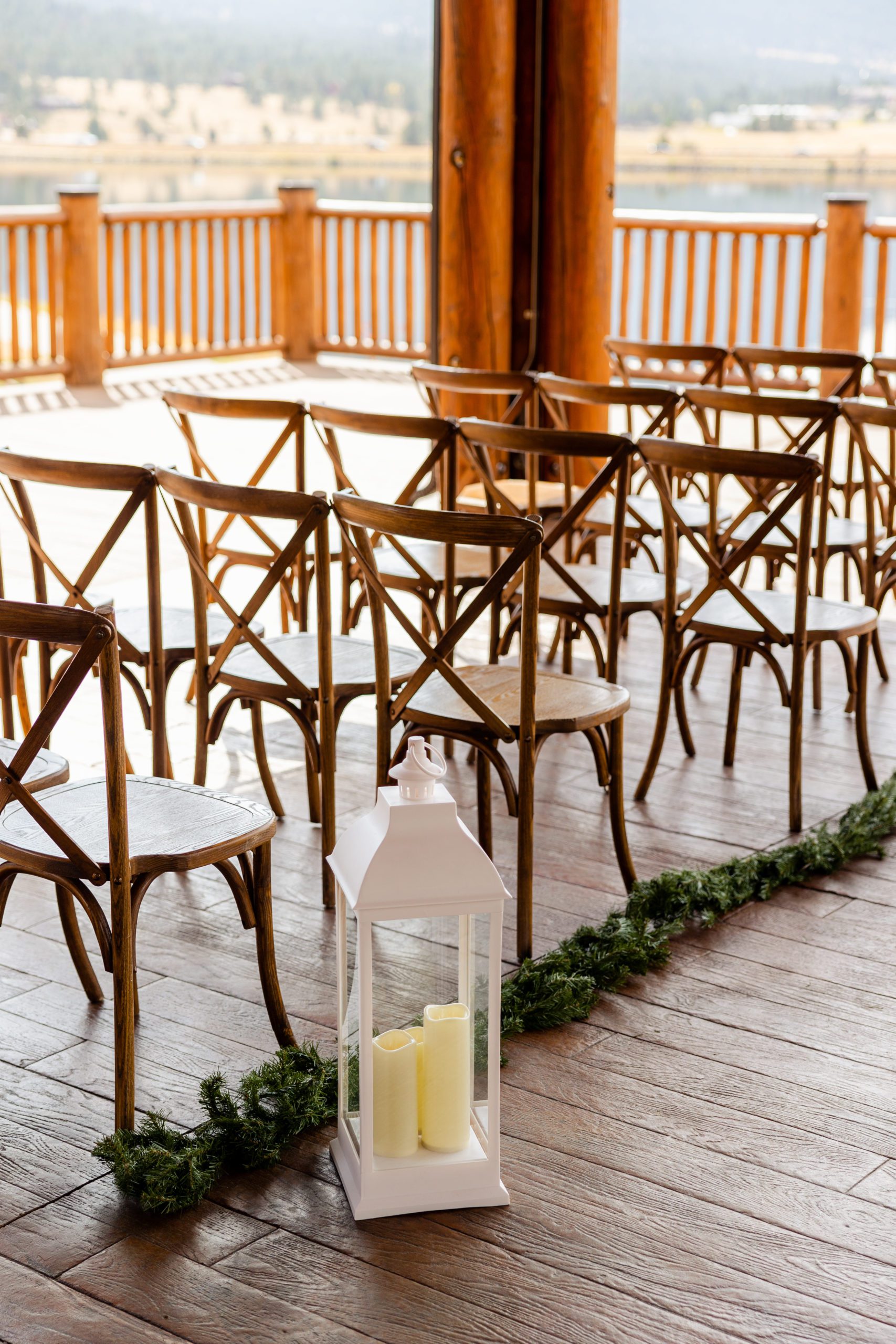 Lantern and pine wedding aisle runner at Estes Park Resort for a destination wedding in Colorado