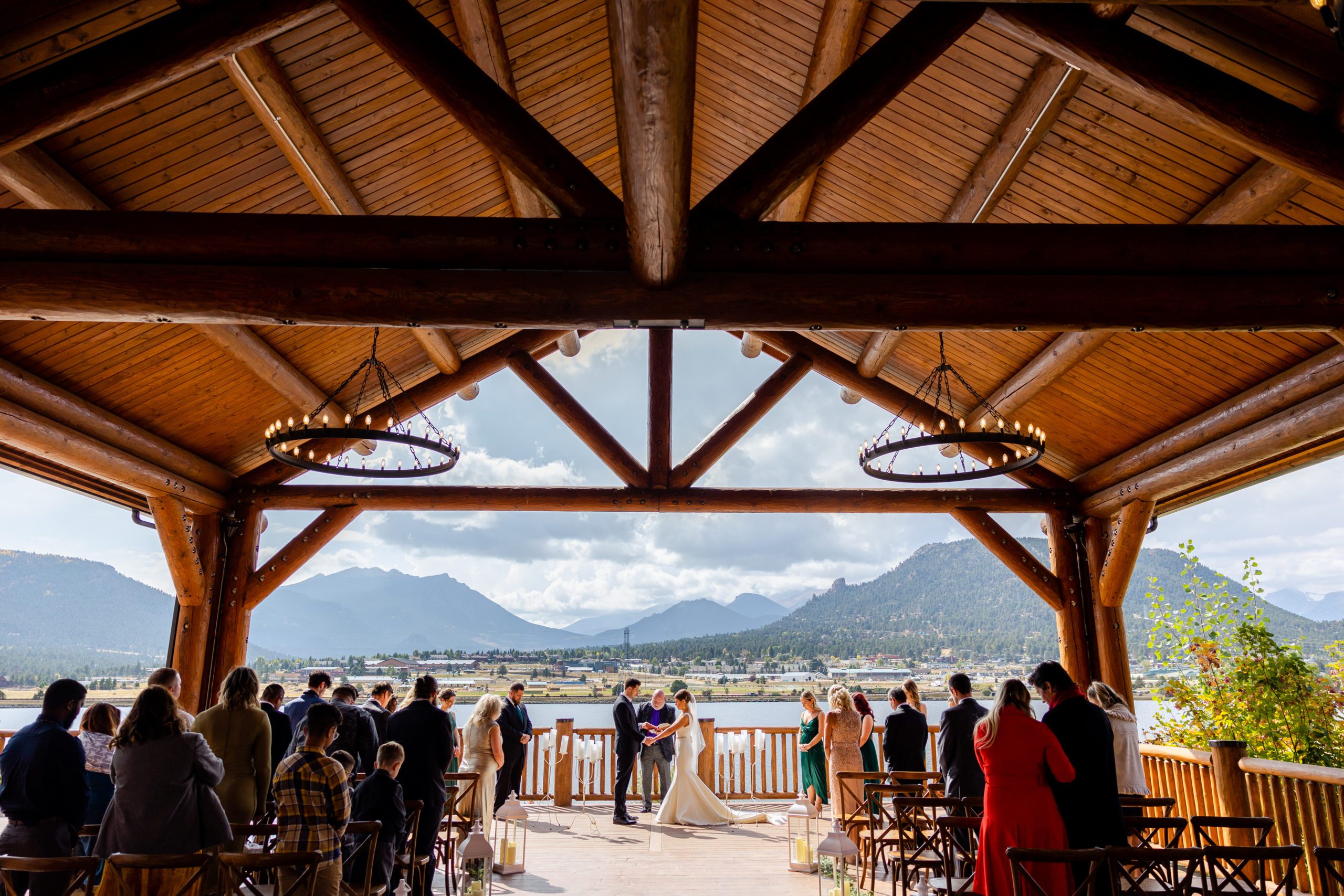 Estes Park Resort wedding ceremony at the lakeside pavilion