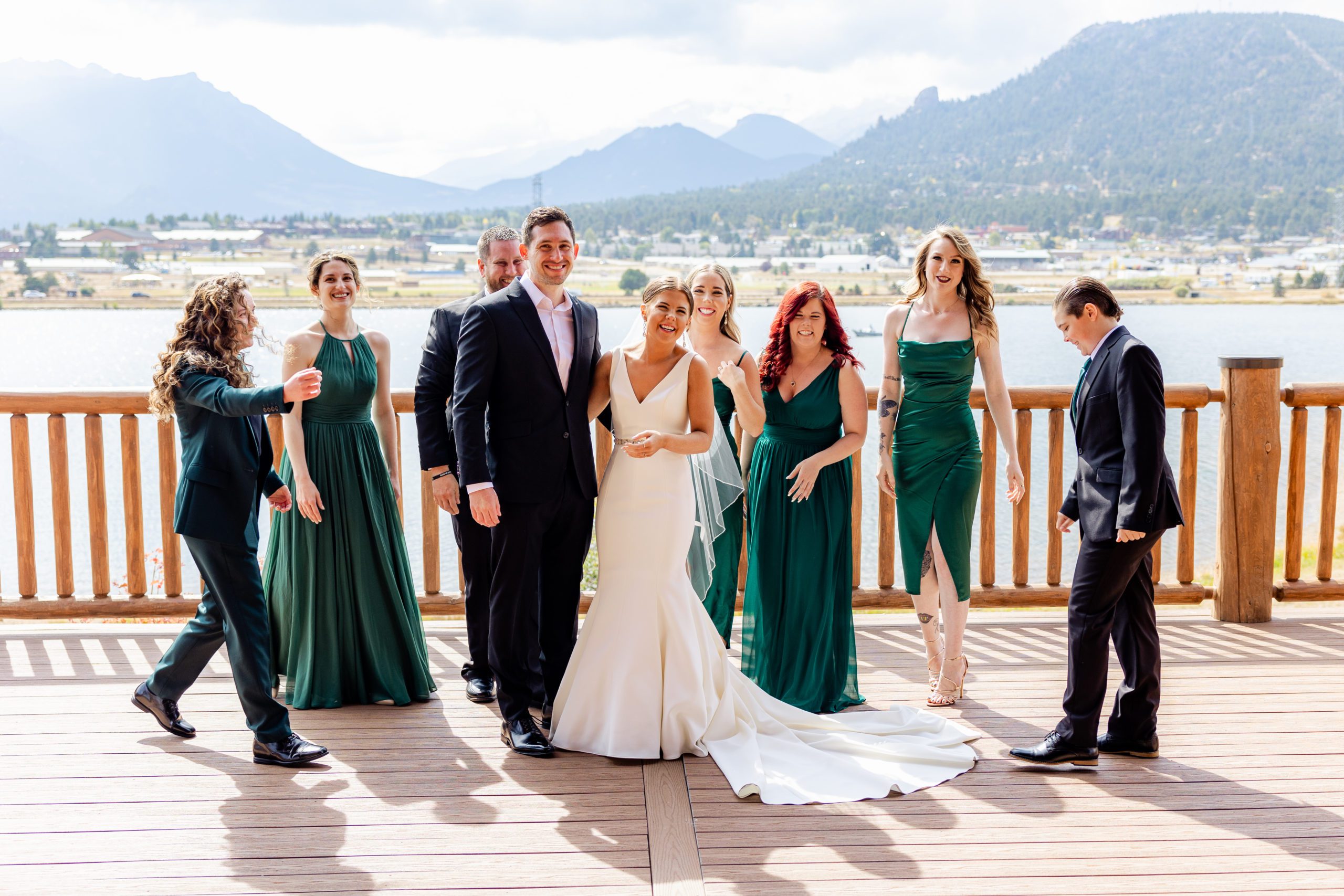 Green bridesmaids dresses, Estes Park Resort wedding, Destination wedding in Colorado