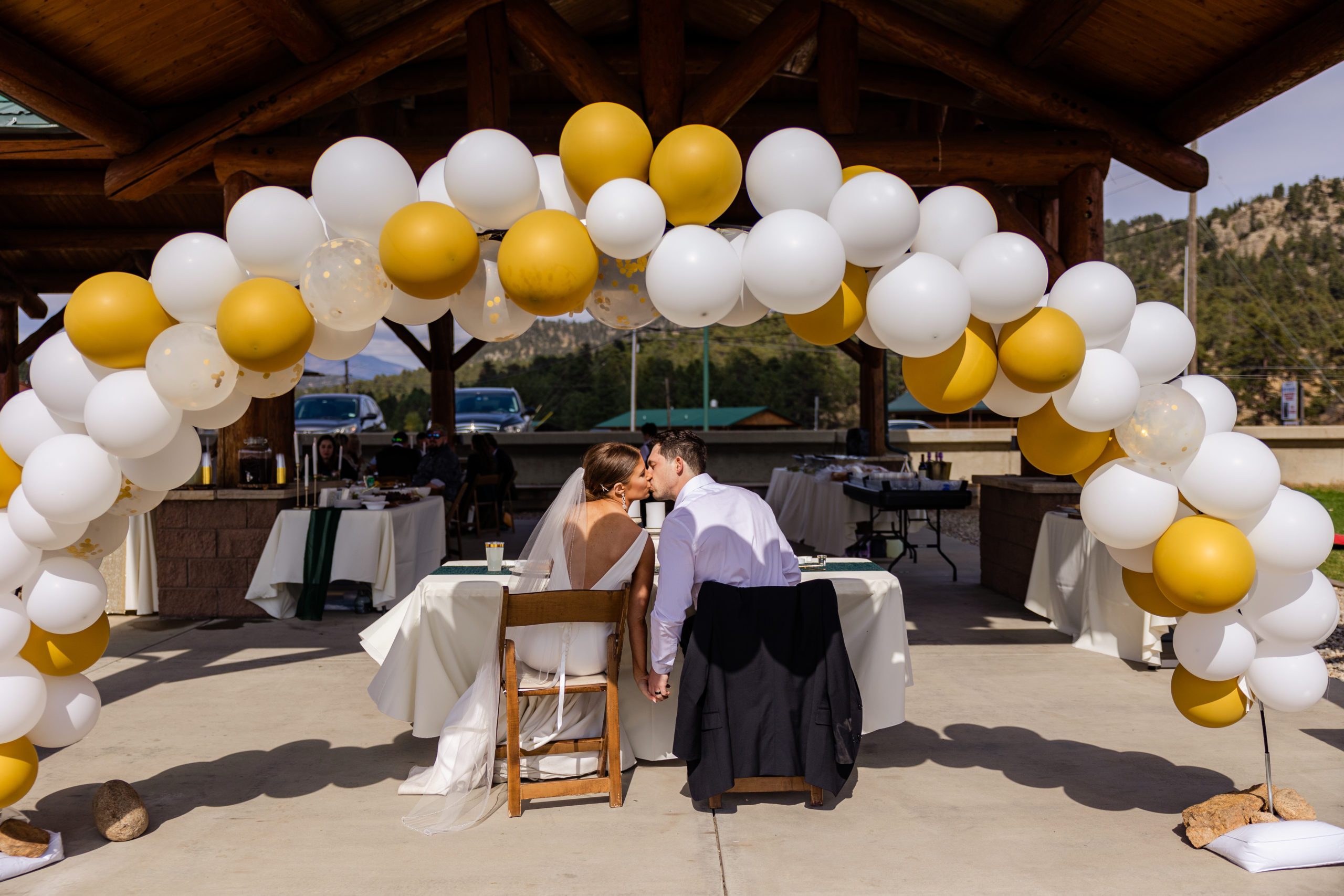 DIY reception decor, Budget friendly wedding reception, balloon arch wedding, Estes Park wedding, Intimate wedding ideas, Park wedding reception