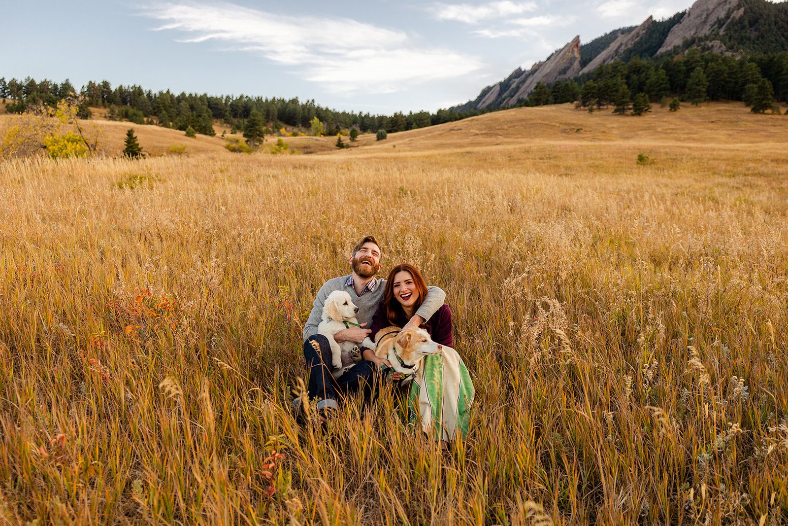 Engagement photos with dogs in Boulder Colorado on Chautauqua Trail, fall engagement photos