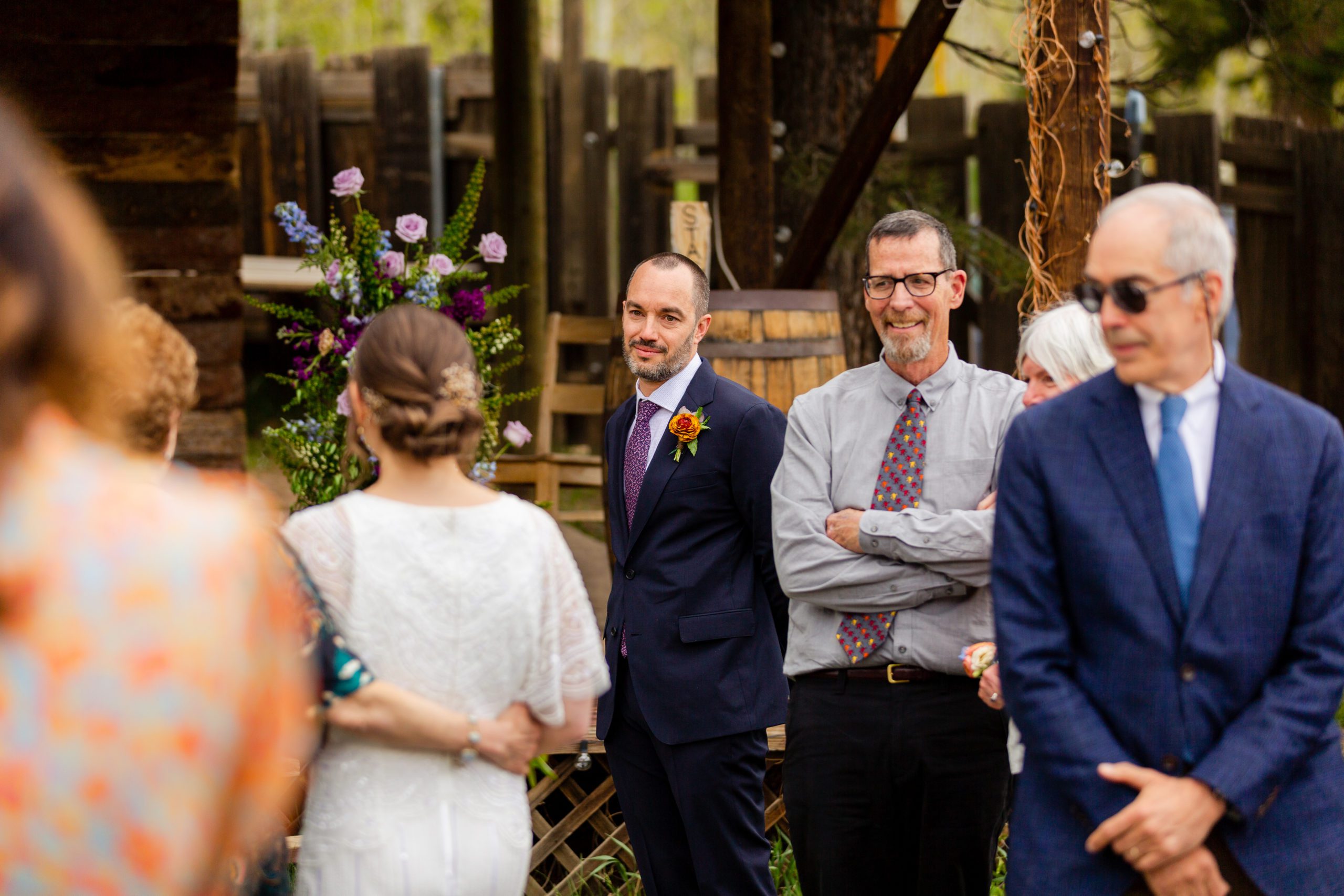 First look during wedding ceremony, groom reaction during wedding ceremony, Wedding ceremony at Gold Hill Inn and Bluebird Lodge in Boulder Colorado with flowers by A Florae, Rocky Mountain Bride, Martha Stewart Weddings