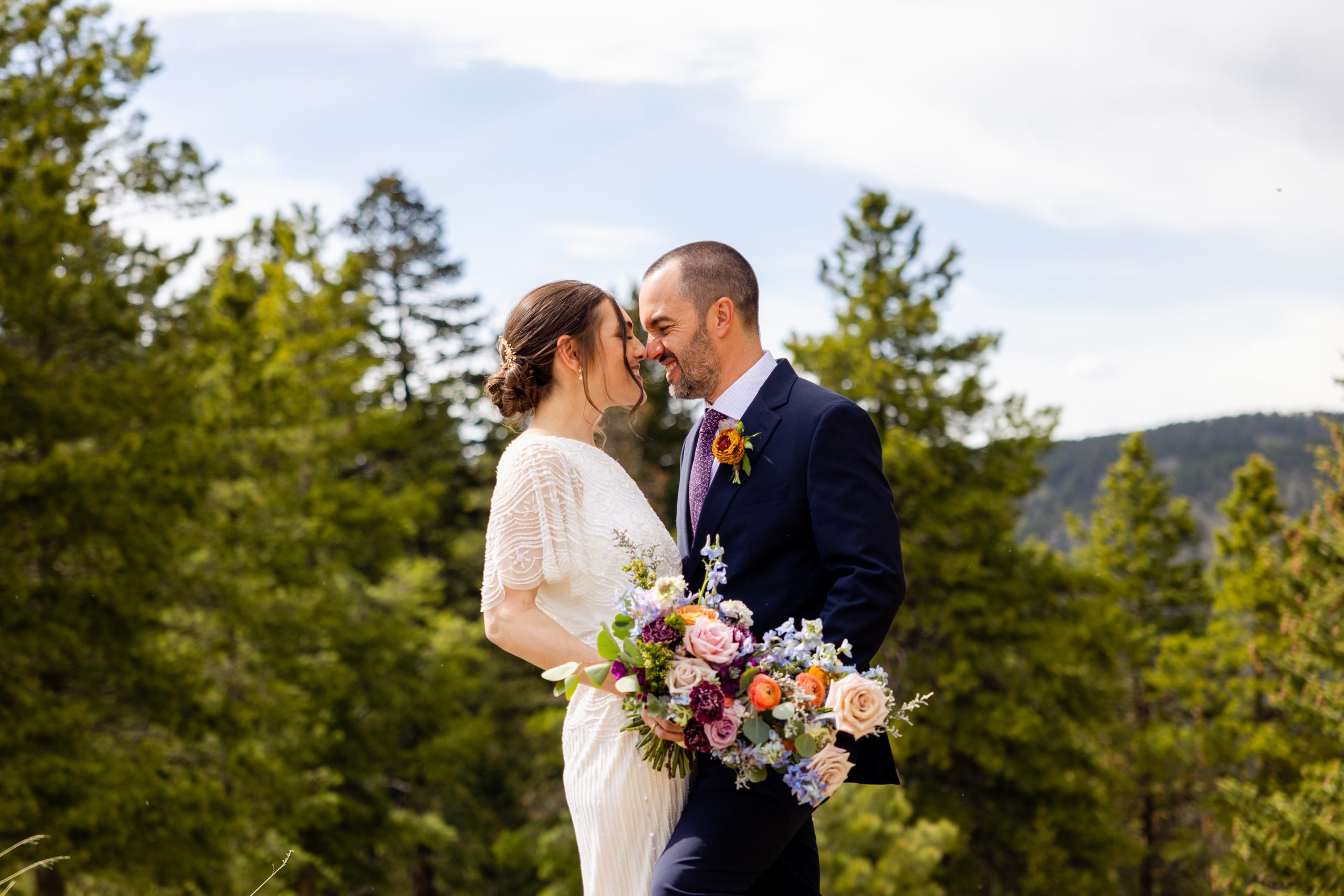 Gold Hill Inn Boulder Colorado Bride and Groom wedding photos, BHLDN, A Florae, Colorful wedding bouquet