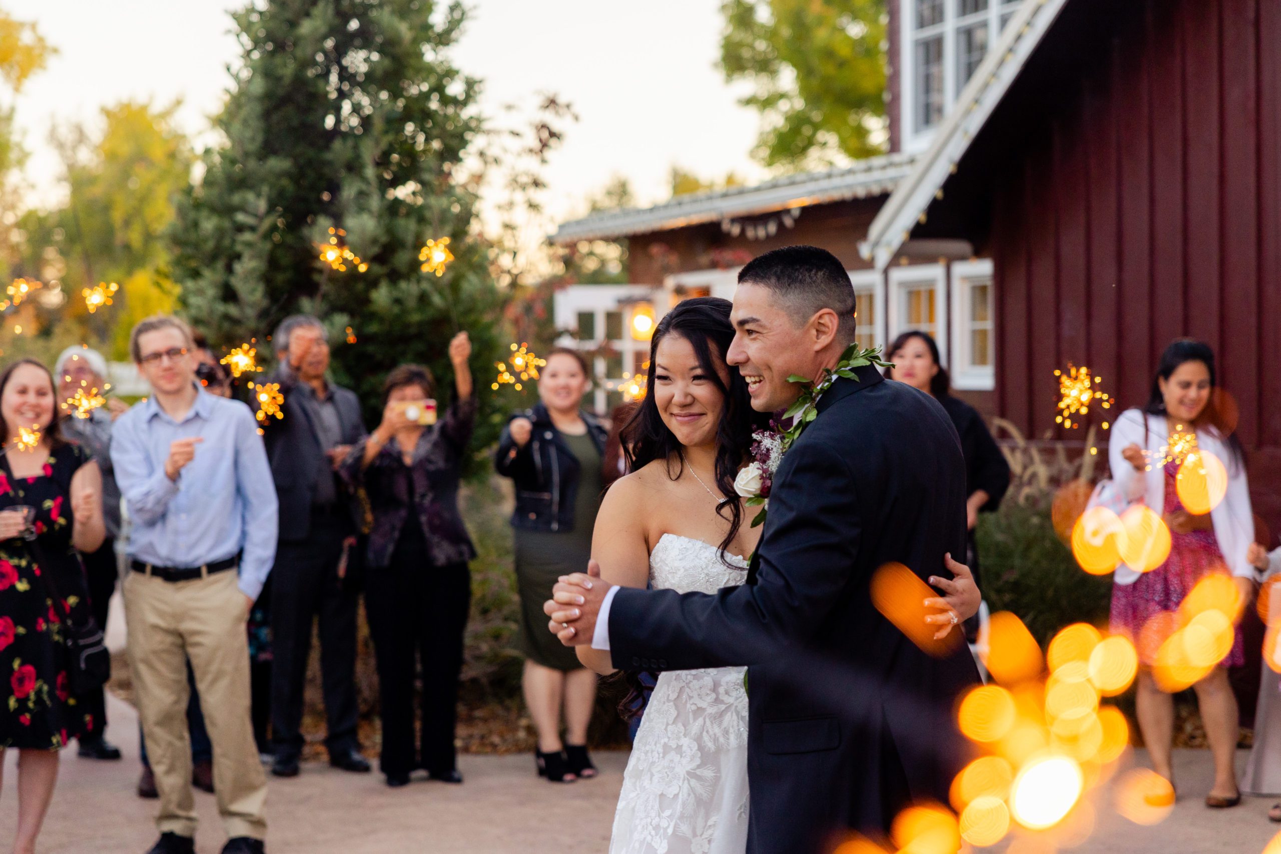 Sparkler first dance, Colorado wedding at The Barn at Raccoon Creek, Fall wedding