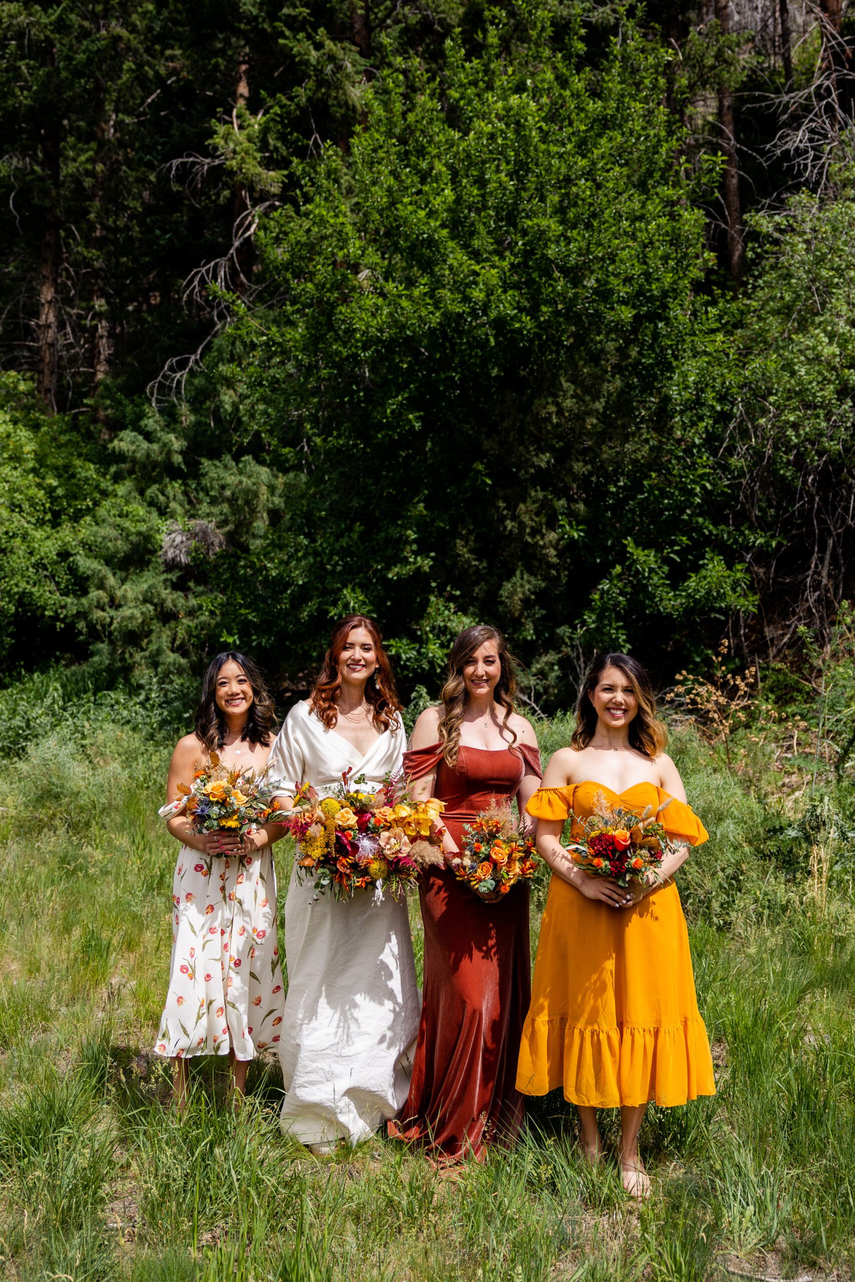 Bridesmaids dresses, boho bridesmaids dresses, jewel tone bridesmaids dresses, copper bridesmaids dress, mustard bridesmaids dress, bridesmaids bouquets, colorful wedding bouquet