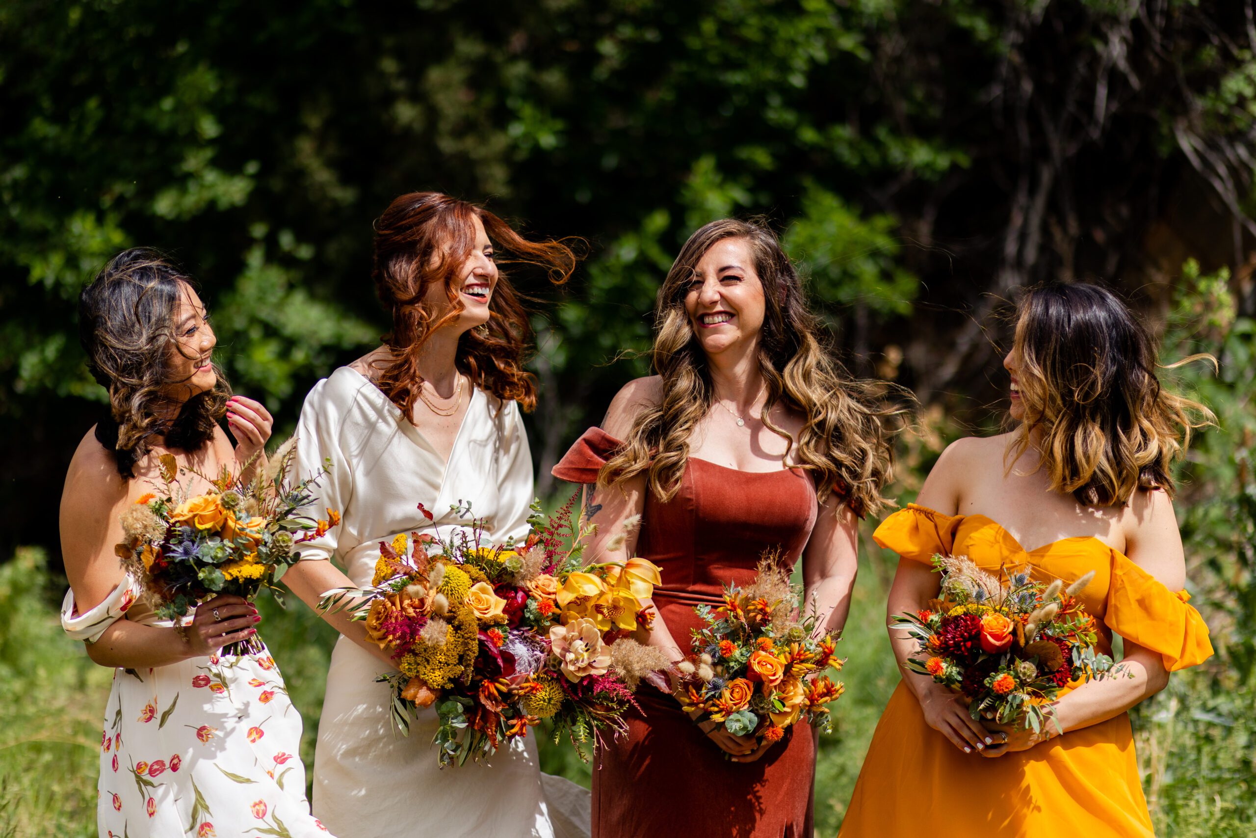 Bridesmaids dresses, boho bridesmaids dresses, jewel tone bridesmaids dresses, copper bridesmaids dress, mustard bridesmaids dress, bridesmaids bouquets, colorful wedding bouquet