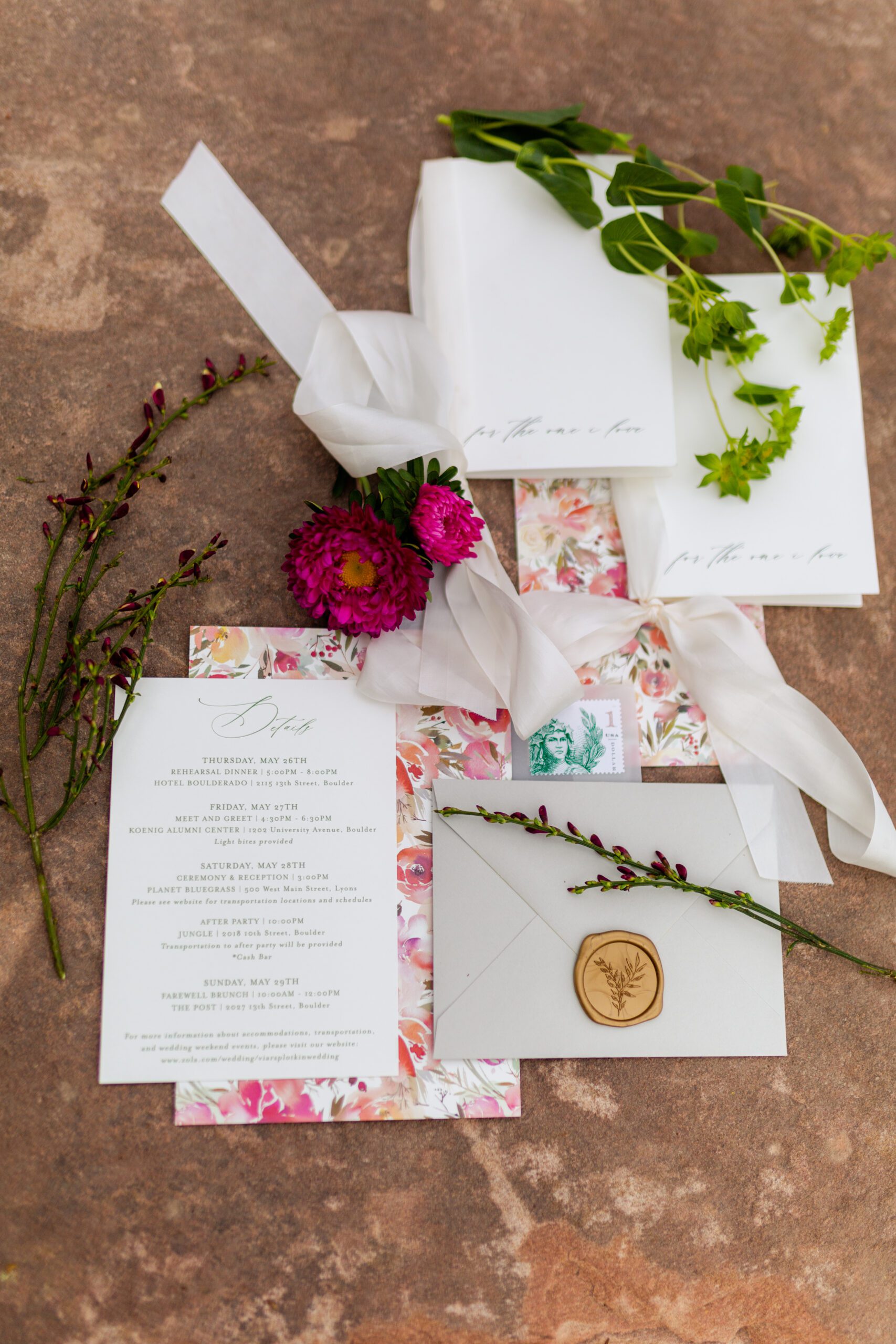 Wedding invitations, Wedding invitation suite with wax seal, wedding wax seal, Wedding vow books, wedding detail flat lay, Colorado wedding
