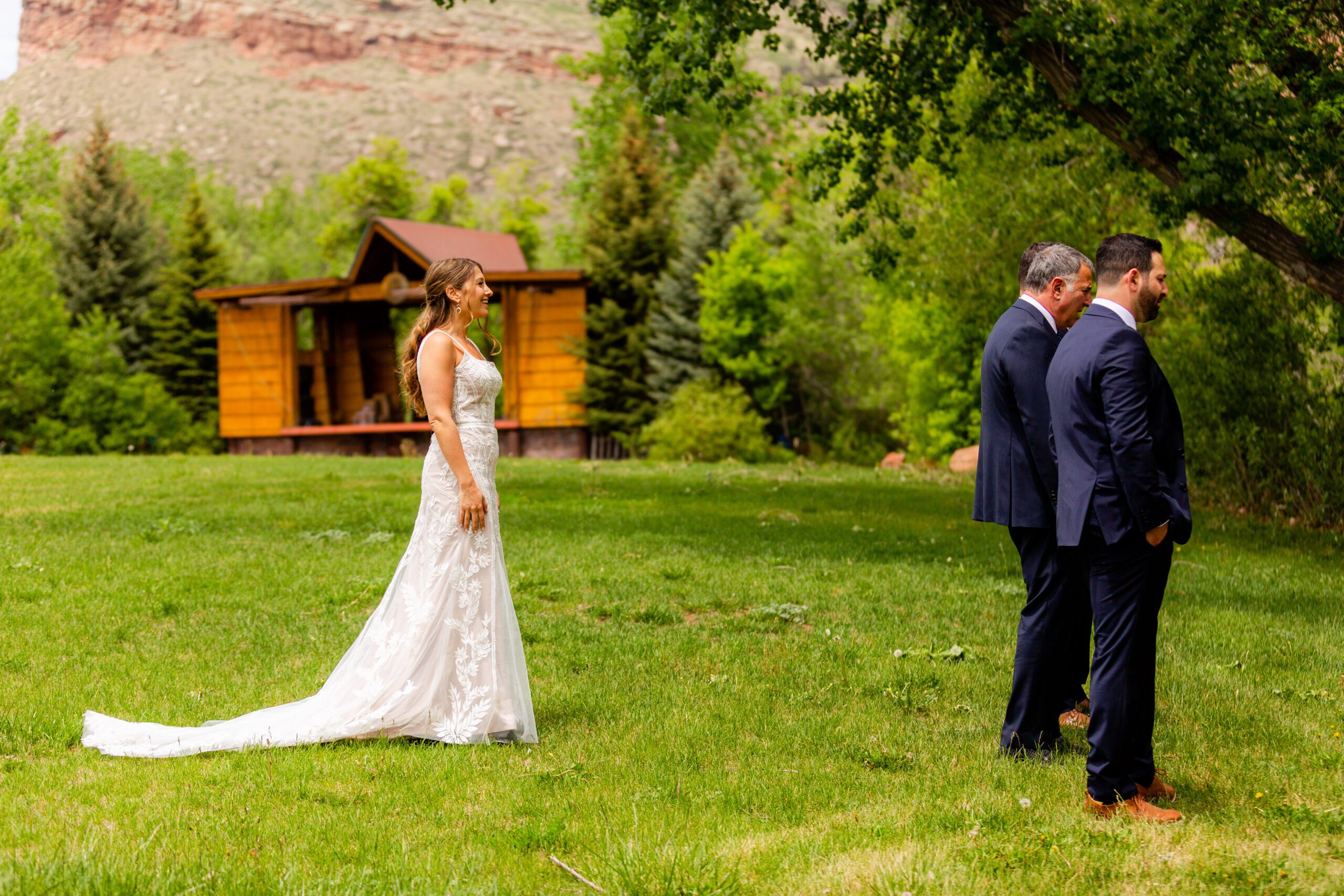 First look with father of the bride, Colorado wedding photographer, Planet Bluegrass