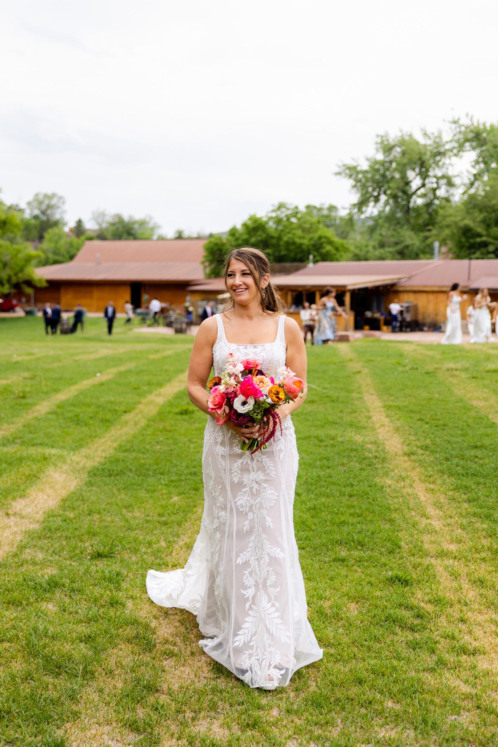 Bride, colorful wedding bouquet, spring wedding bouquet, wedding dress, Planet Bluegrass