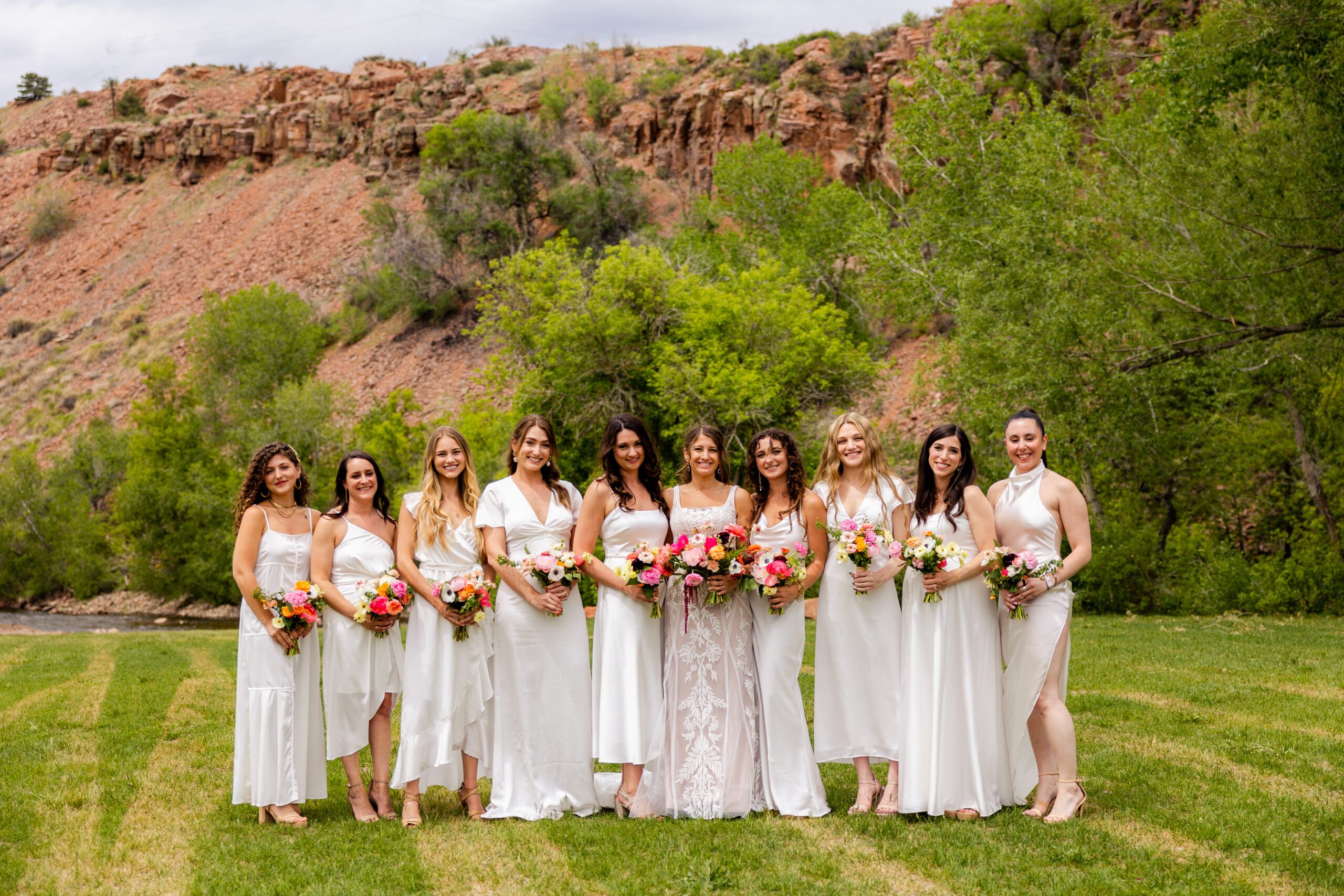 Bridesmaids, Bridesmaids dresses, mix and match bridesmaids dresses, white bridesmaids dresses, ivory bridesmaids dresses, bridesmaids photos, Planet Bluegrass, Colorado wedding photographer