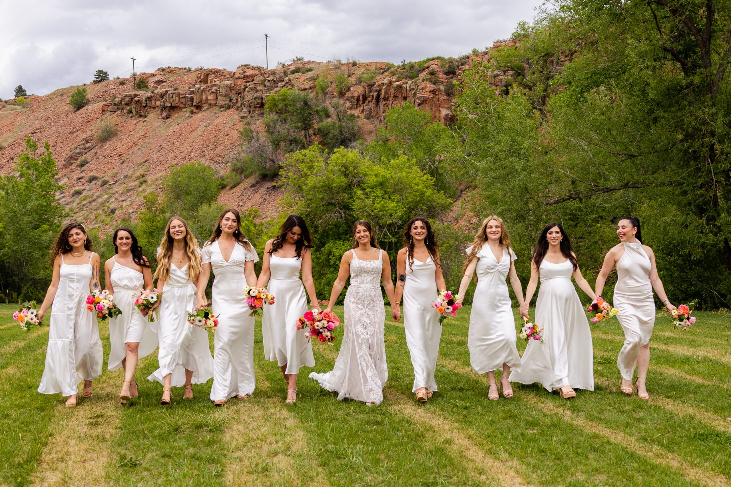 Bridesmaids, Bridesmaids dresses, mix and match bridesmaids dresses, white bridesmaids dresses, ivory bridesmaids dresses, bridesmaids photos, Planet Bluegrass, Colorado wedding photographer