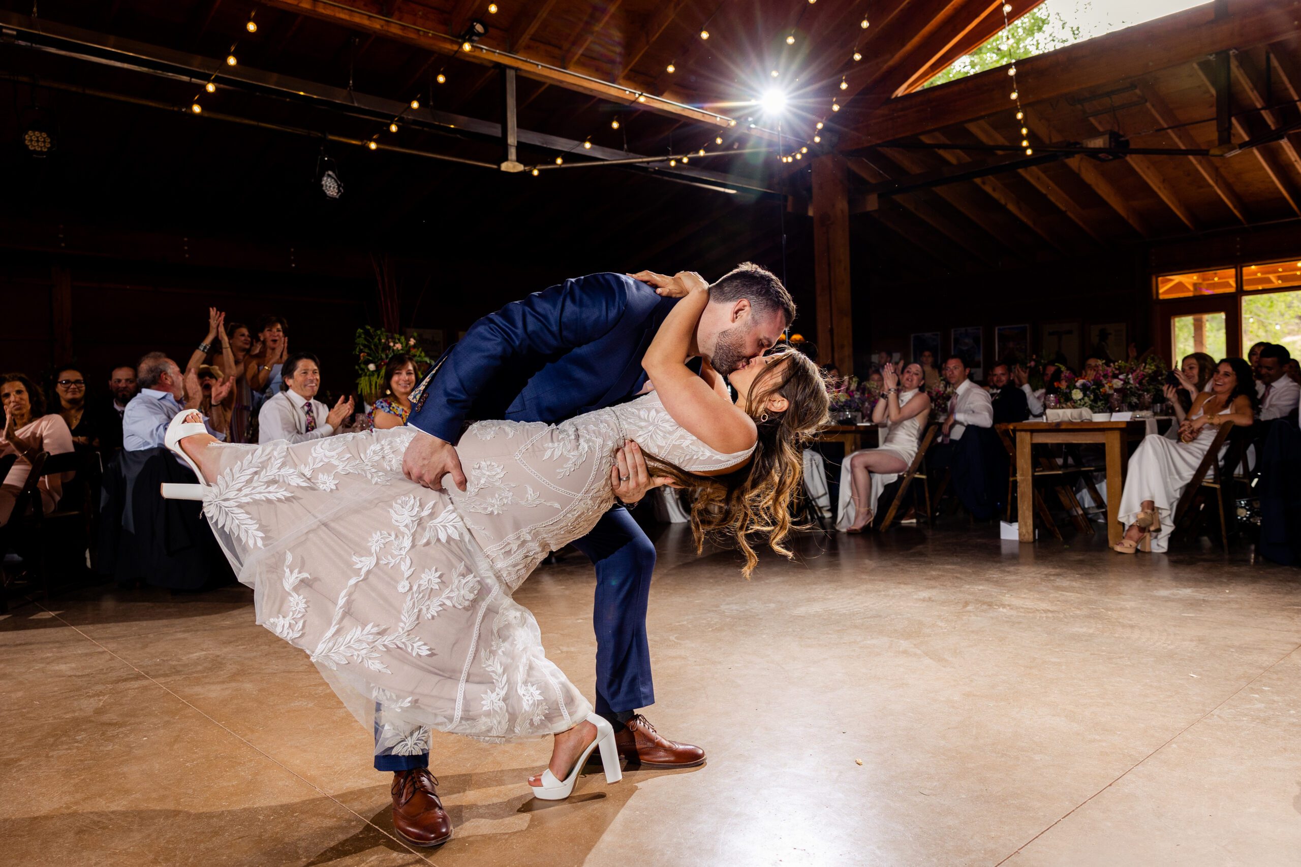 Bride and groom first dance, wedding photography, wedding inspiration, wedding shoes with chunky heel, Planet Bluegrass, Colorado wedding photographer