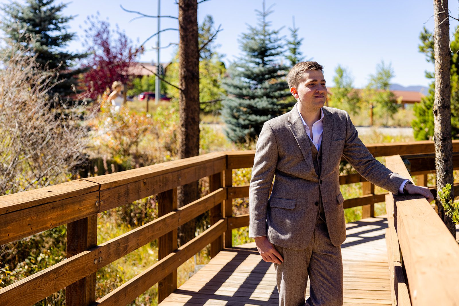 Headwaters Center Wedding first look in Winter Park Colorado Headwaters River Journey