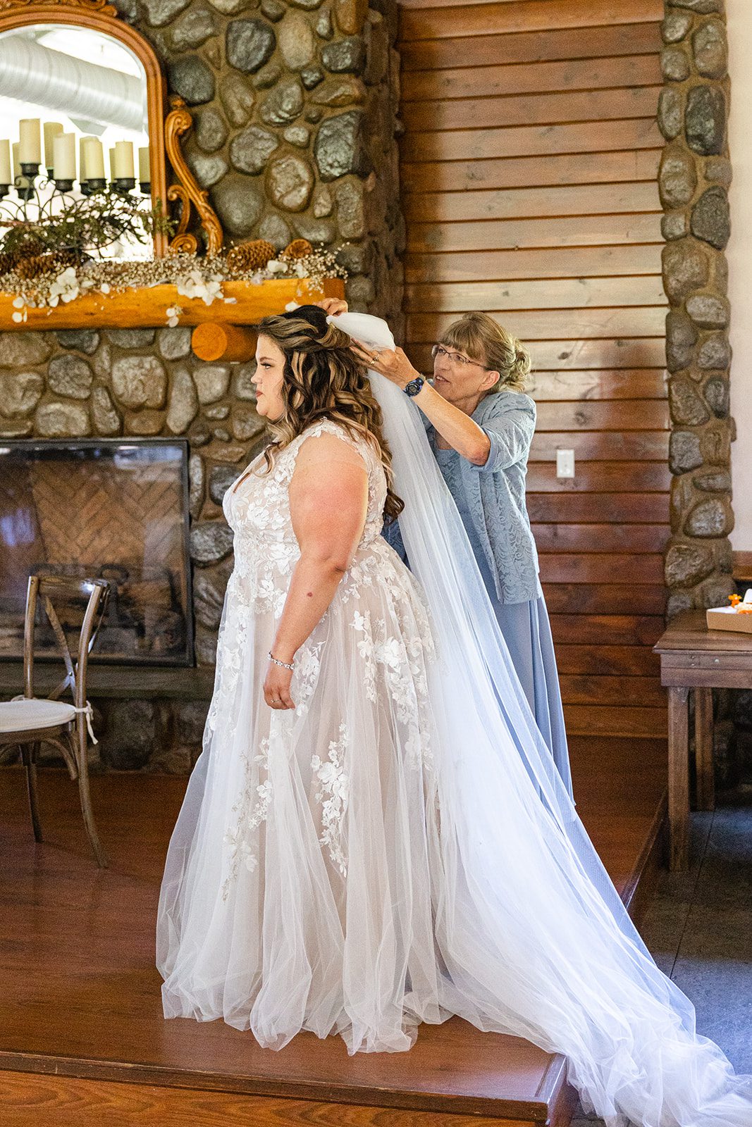 Bride getting ready at Shupe Homestead, cathedral wedding veil