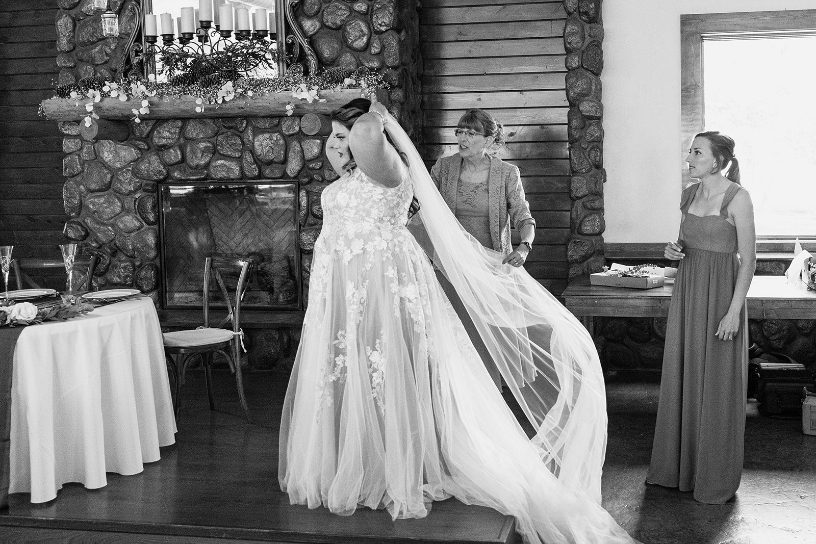 Bride getting ready at Shupe Homestead, cathedral wedding veil