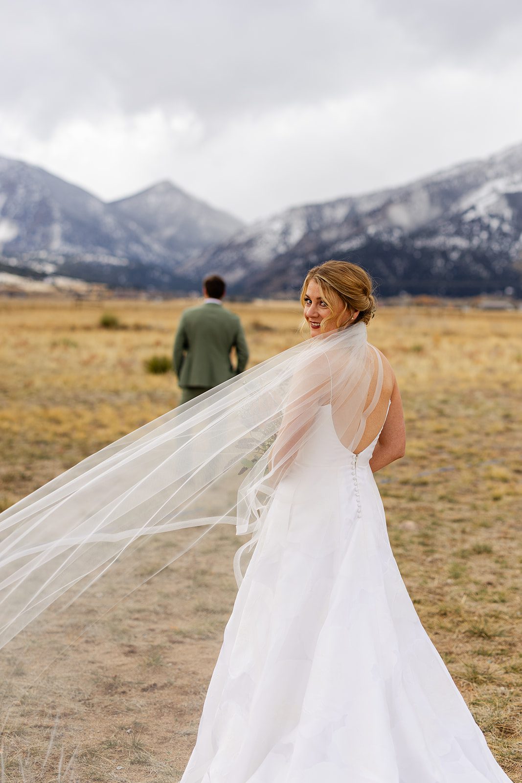 First look at The Barn at Sunset Ranch in Buena Vista Colorado, wedding veil