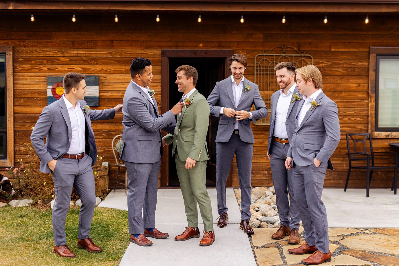 Sage green groom suit, Groomsmen suits, Groomsmen Photos, The Barn at Sunset Ranch Wedding in Buena Vista Colorado