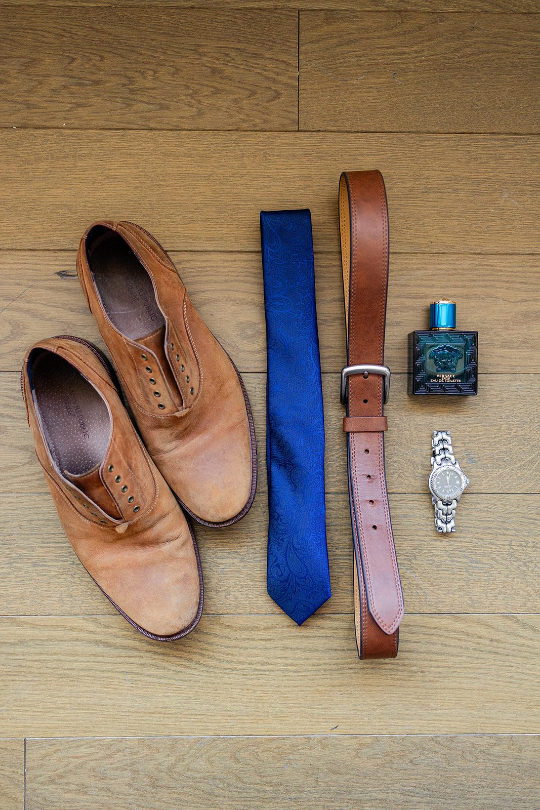 Groom's wedding details, men's wedding shoes, Versace wedding cologne 